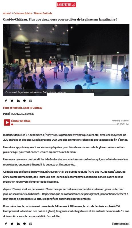 Article La Dépêche 29/12/2022