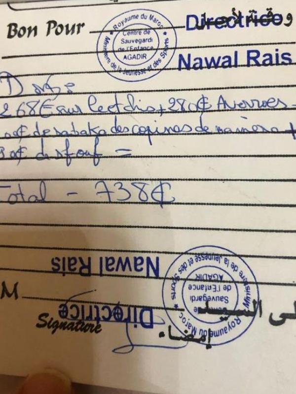 Reçu de don au bénéfice de l'Orphelinat d'Agadir