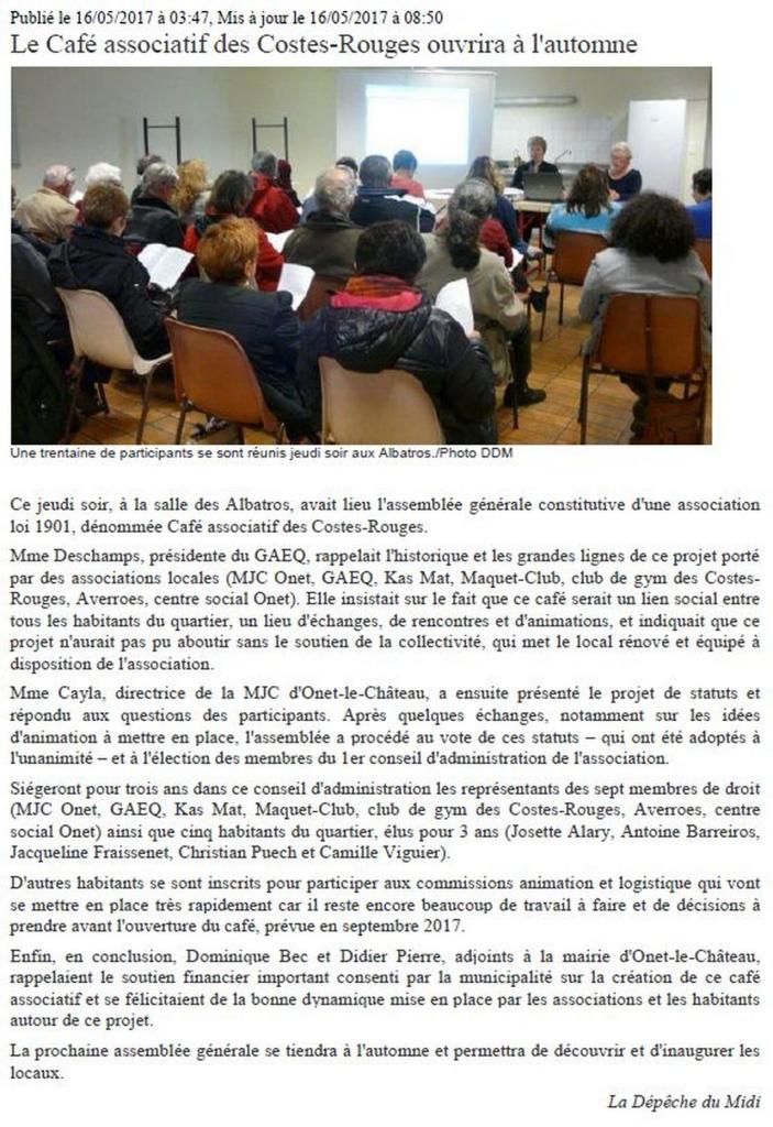 Café associatif des Costes-Rouges - La dépêche du Midi / 16 mai 2017